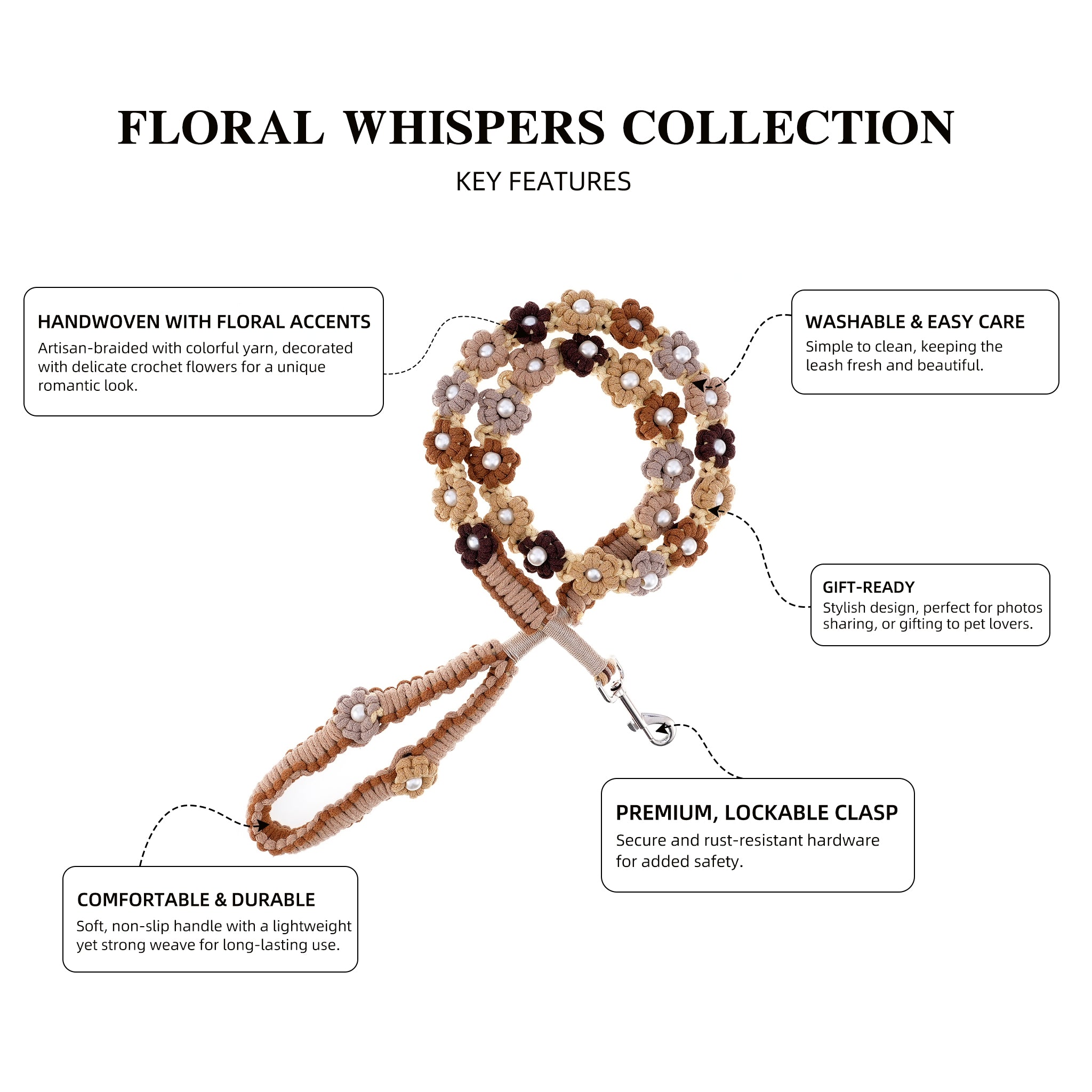 ☕ Mocha Bloom – Handmade Colorful Cotton Braided Dog Leash